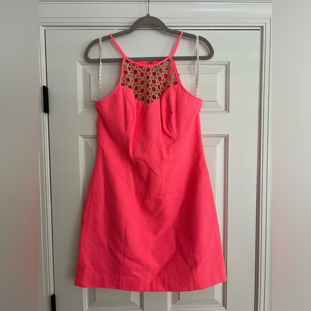 Beautiful Lilly neon with gold neck detail dress.